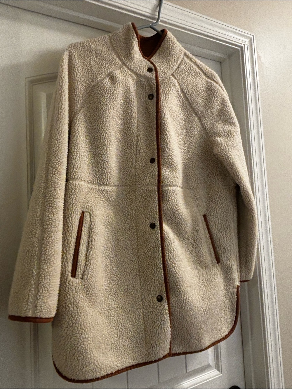 Women’s Cream Sherpa Coat with Brown Trim